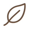 A minimalist brown outline icon of a single leaf on a solid white background.